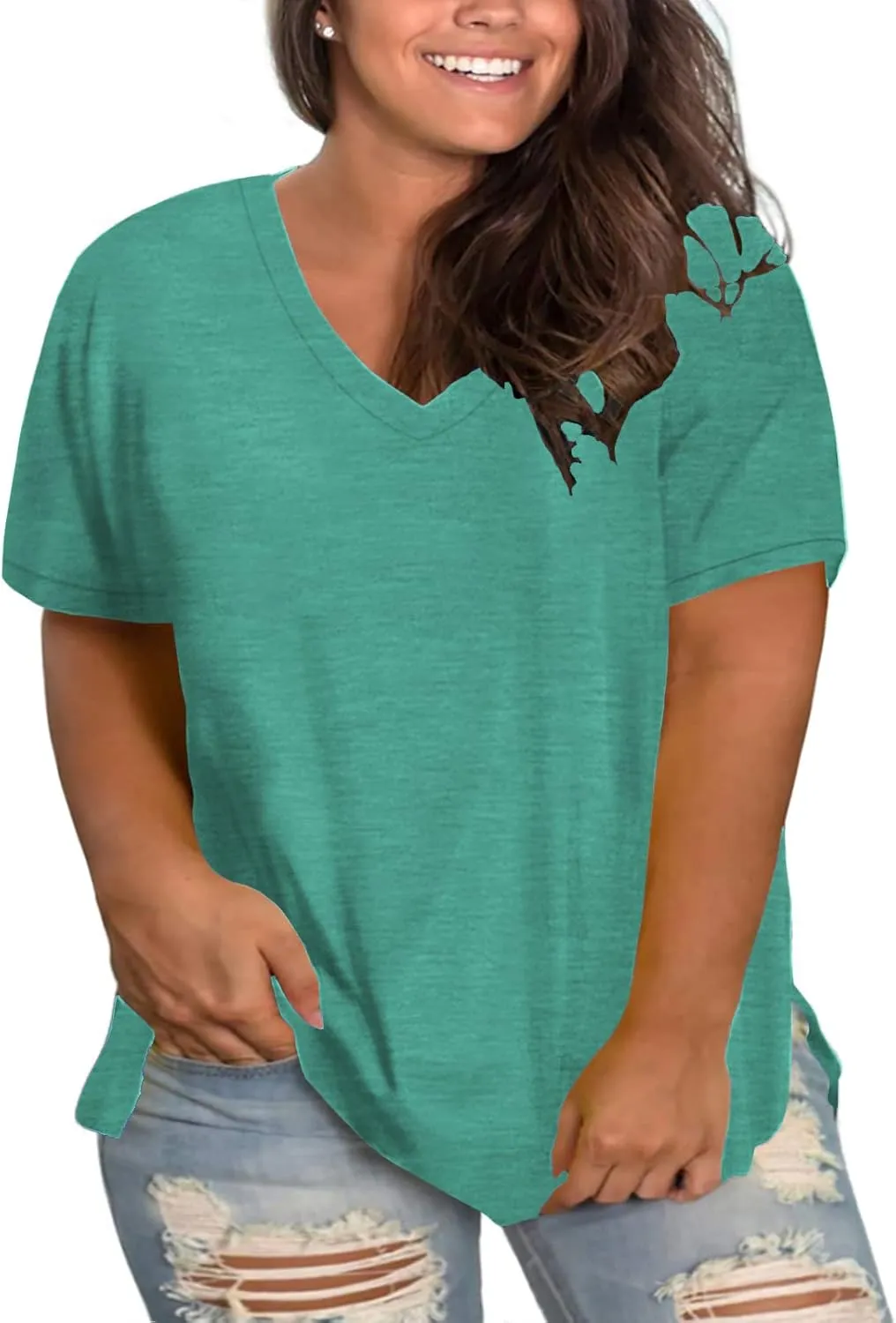ROSRISS Womens Plus Size Short Sleeve T Shirt V Neck High Low Tops Blouse Tunics with Side Split