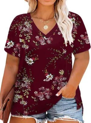 ROSRISS Womens Plus Size Short Sleeve T Shirt V Neck High Low Tops Blouse Tunics with Side Split