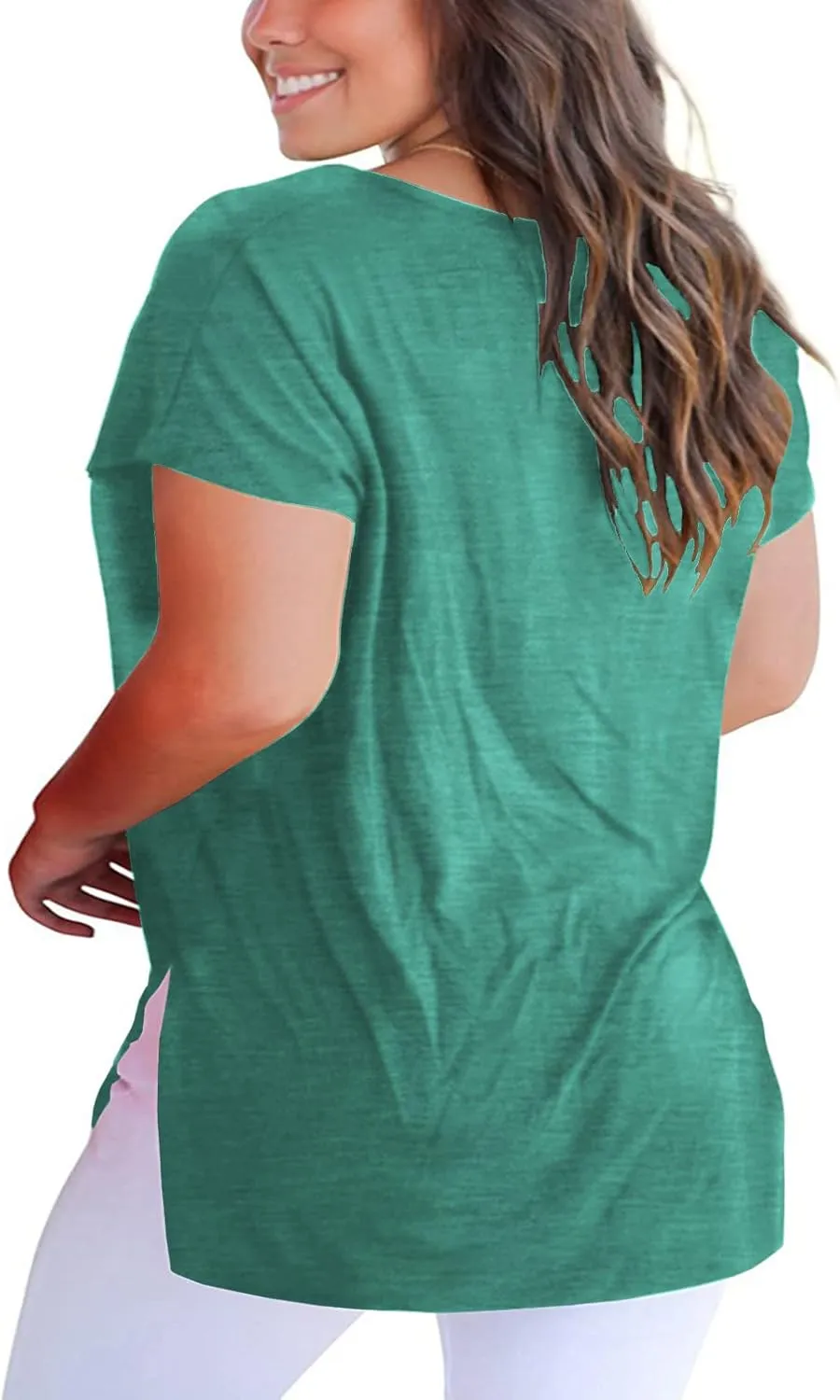 ROSRISS Womens Plus Size Short Sleeve T Shirt V Neck High Low Tops Blouse Tunics with Side Split
