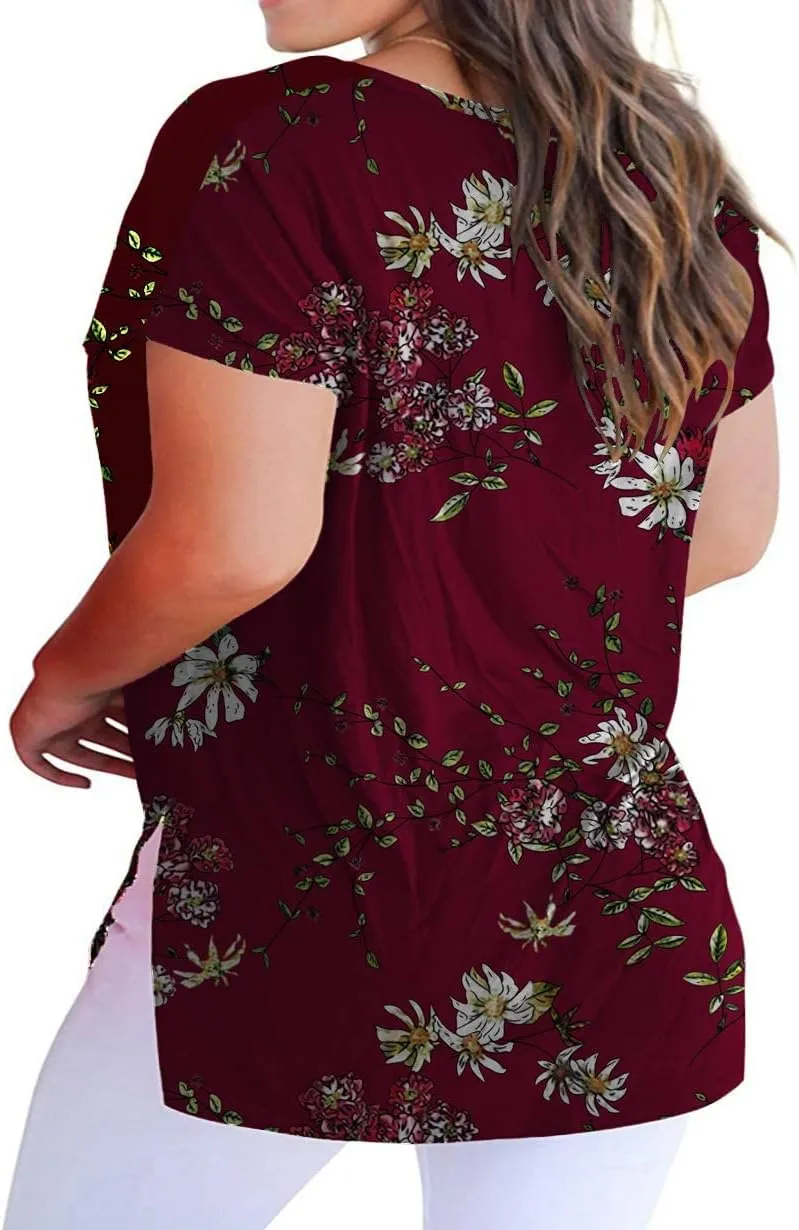 ROSRISS Womens Plus Size Short Sleeve T Shirt V Neck High Low Tops Blouse Tunics with Side Split