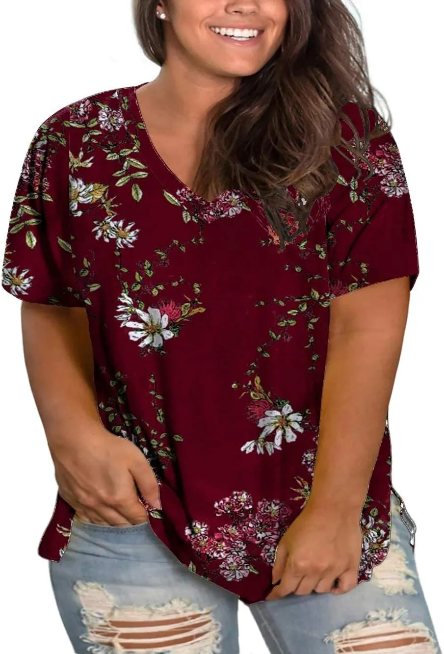 ROSRISS Womens Plus Size Short Sleeve T Shirt V Neck High Low Tops Blouse Tunics with Side Split