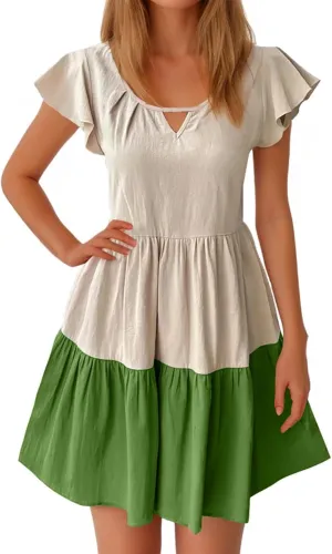 Ruffle Mini Dress for Women 2025 Summer Keyhole Sleeve A Line Dress Colorblock Pleated Beach Vacation Sundress