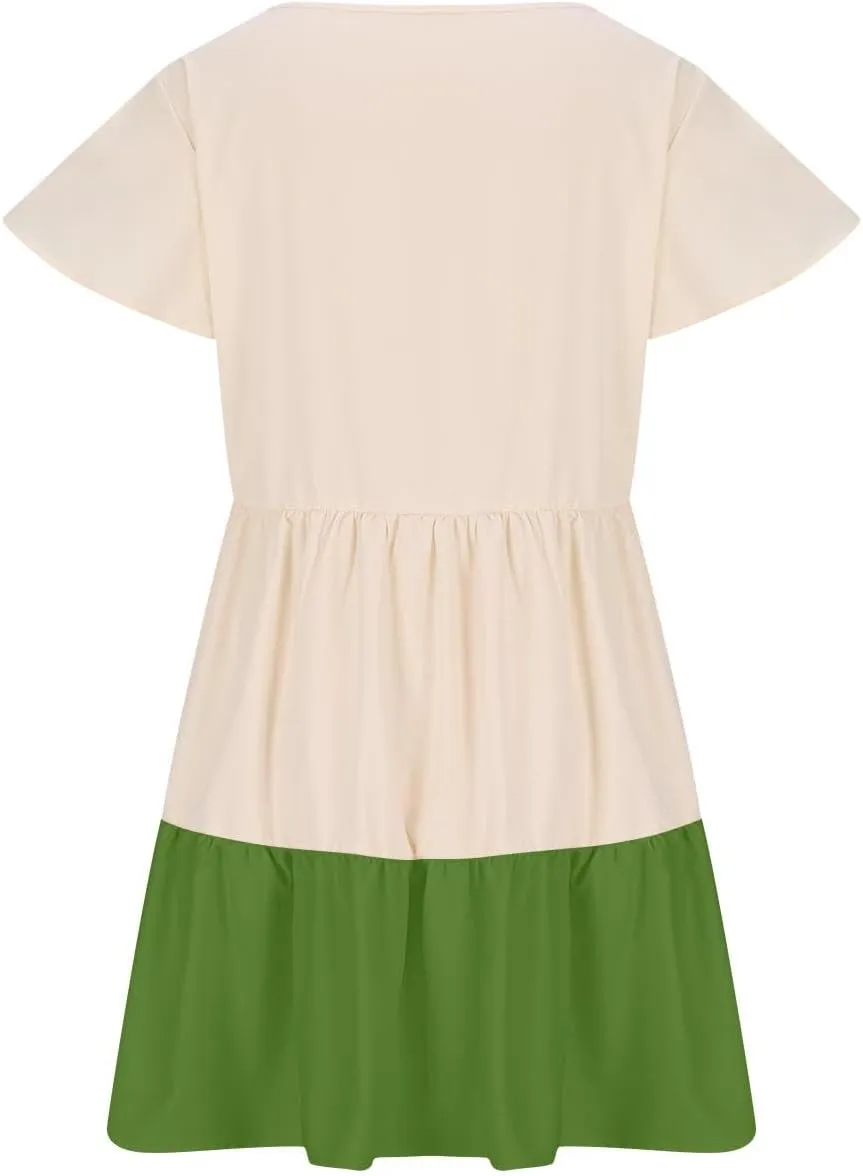 Ruffle Mini Dress for Women 2025 Summer Keyhole Sleeve A Line Dress Colorblock Pleated Beach Vacation Sundress