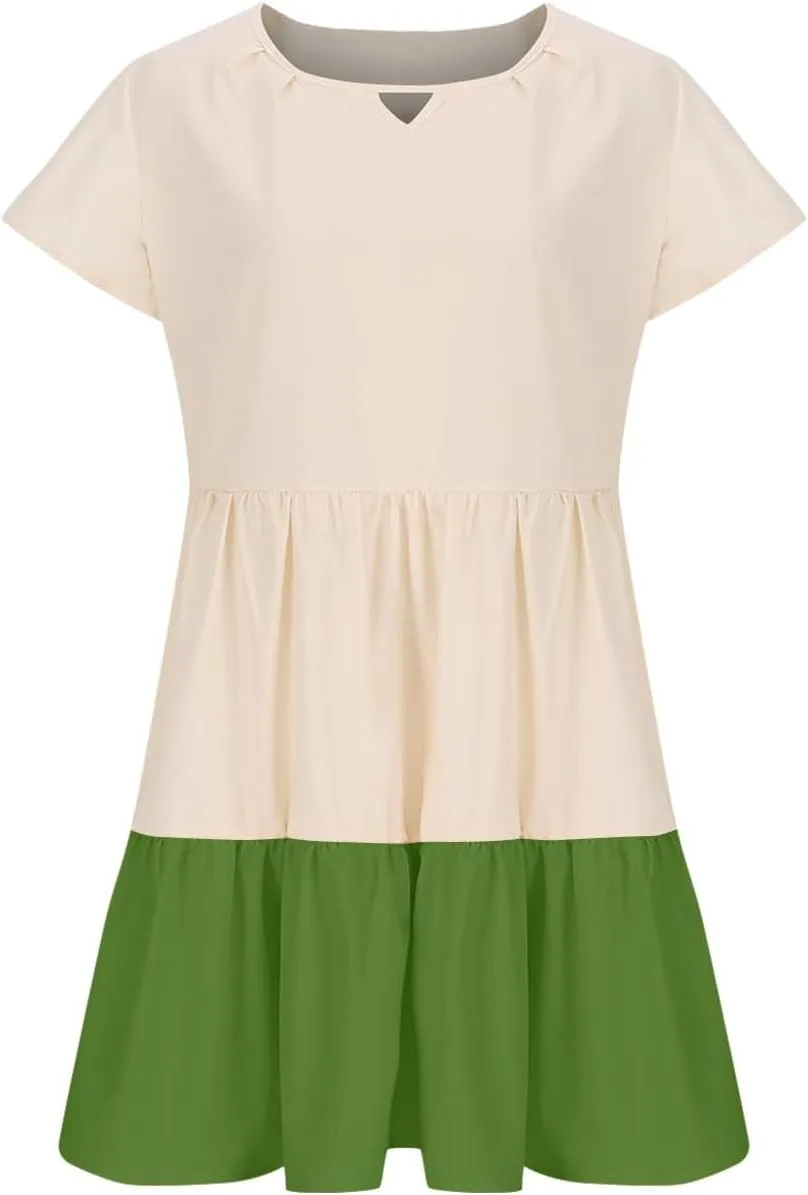 Ruffle Mini Dress for Women 2025 Summer Keyhole Sleeve A Line Dress Colorblock Pleated Beach Vacation Sundress