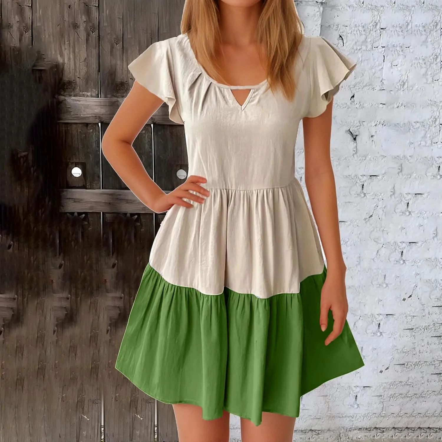 Ruffle Mini Dress for Women 2025 Summer Keyhole Sleeve A Line Dress Colorblock Pleated Beach Vacation Sundress