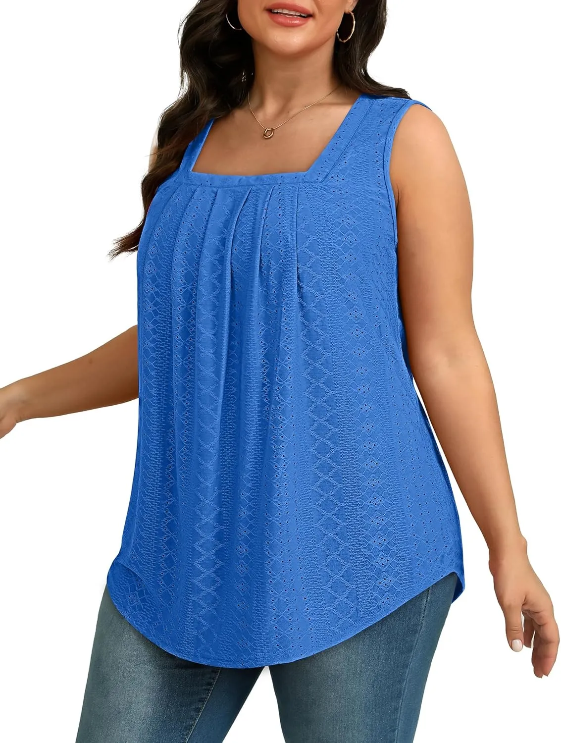 Saloogoe Tank Top for Women Loose Fit Eyelet Summer Tops Flowy Sleeveless Blouses Pleated Square Neck Curved Hem Fashion