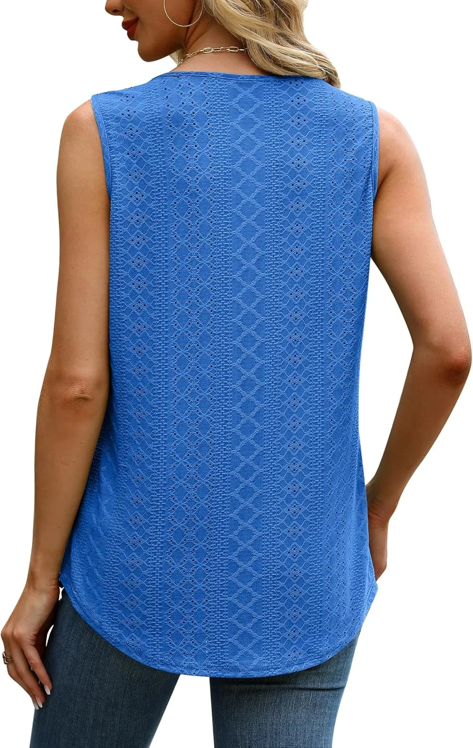 Saloogoe Tank Top for Women Loose Fit Eyelet Summer Tops Flowy Sleeveless Blouses Pleated Square Neck Curved Hem Fashion