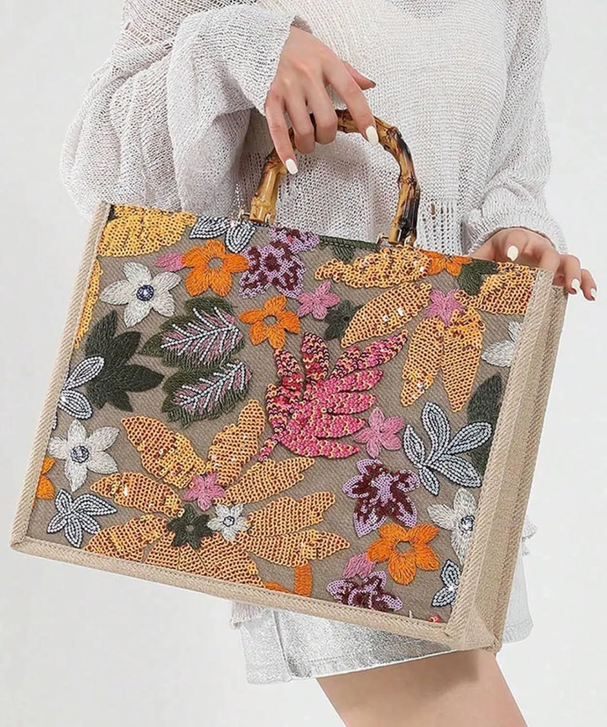 Sequin Embroidered Floral Tote Large Capacity Shoulder Bag Bohemian Summer Beach Shoulder Handbag for Vacation Travel