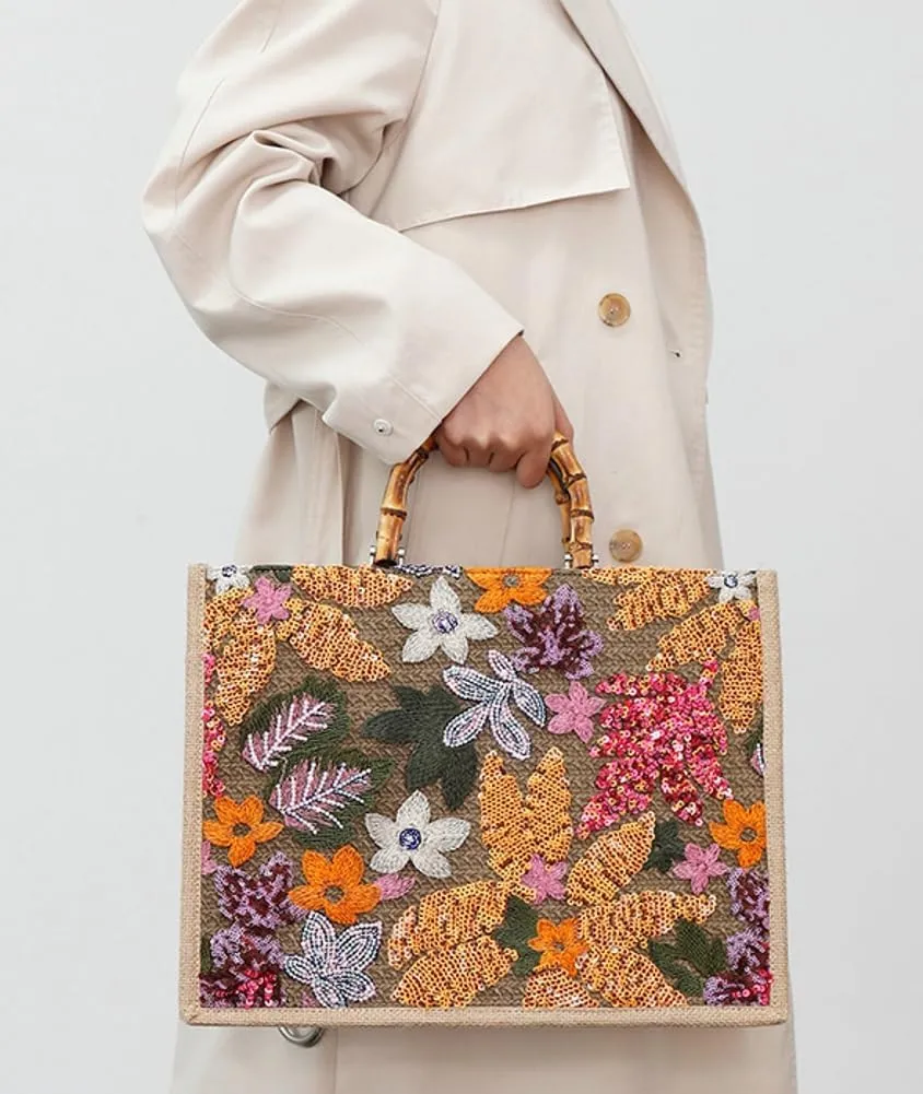 Sequin Embroidered Floral Tote Large Capacity Shoulder Bag Bohemian Summer Beach Shoulder Handbag for Vacation Travel