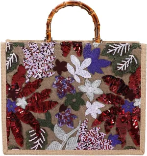 Sequin Embroidered Floral Tote Large Capacity Shoulder Bag Bohemian Summer Beach Shoulder Handbag for Vacation Travel