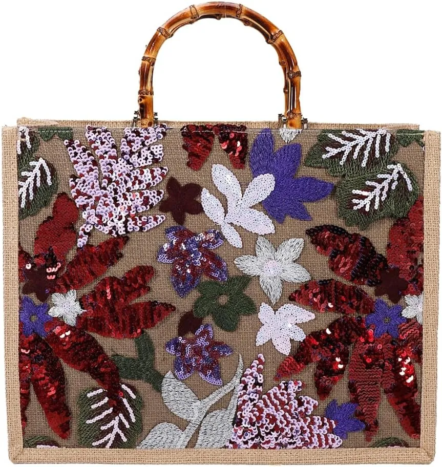 Sequin Embroidered Floral Tote Large Capacity Shoulder Bag Bohemian Summer Beach Shoulder Handbag for Vacation Travel