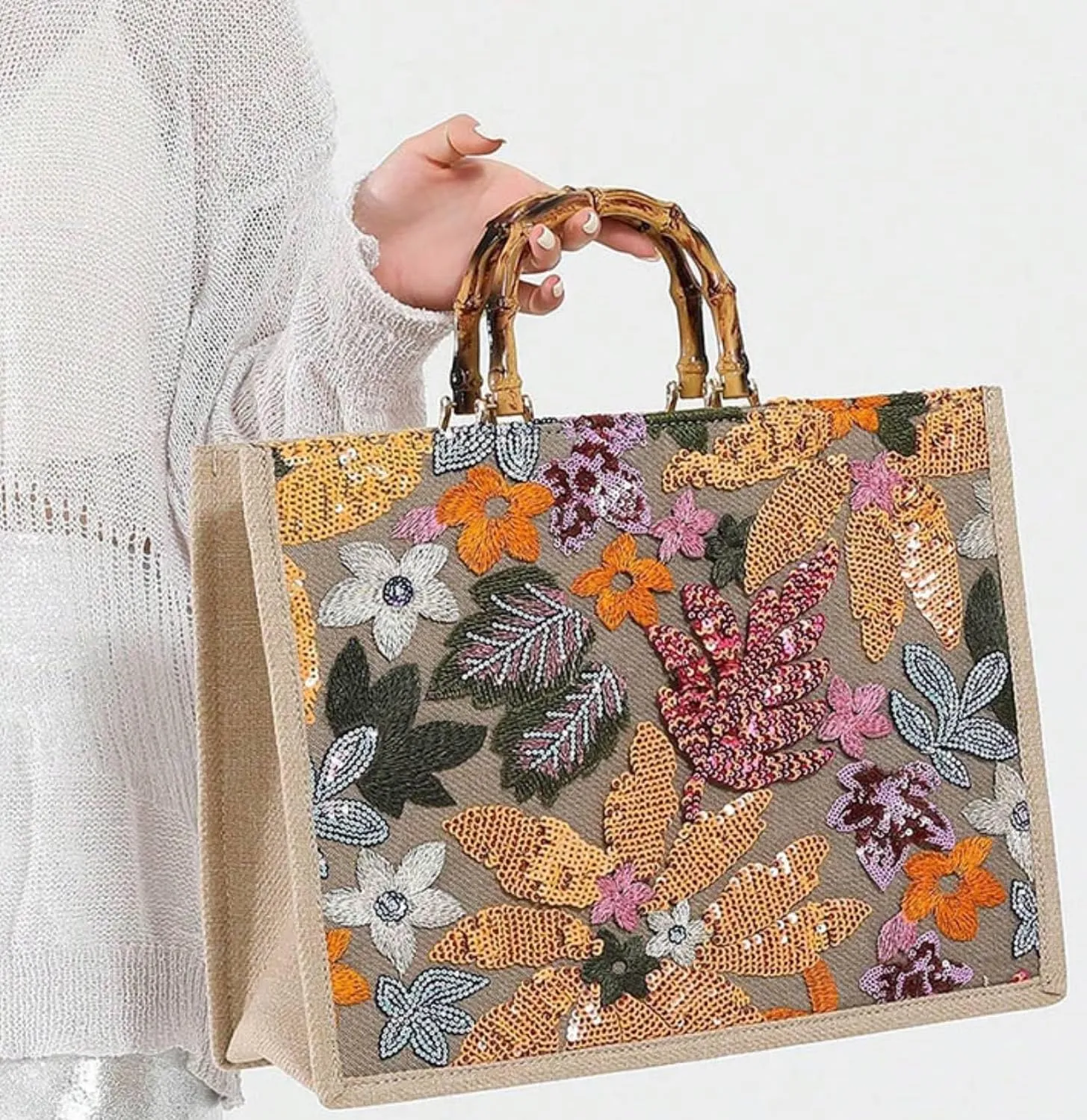 Sequin Embroidered Floral Tote Large Capacity Shoulder Bag Bohemian Summer Beach Shoulder Handbag for Vacation Travel