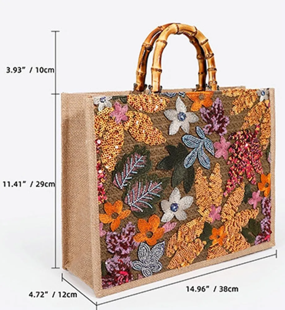 Sequin Embroidered Floral Tote Large Capacity Shoulder Bag Bohemian Summer Beach Shoulder Handbag for Vacation Travel