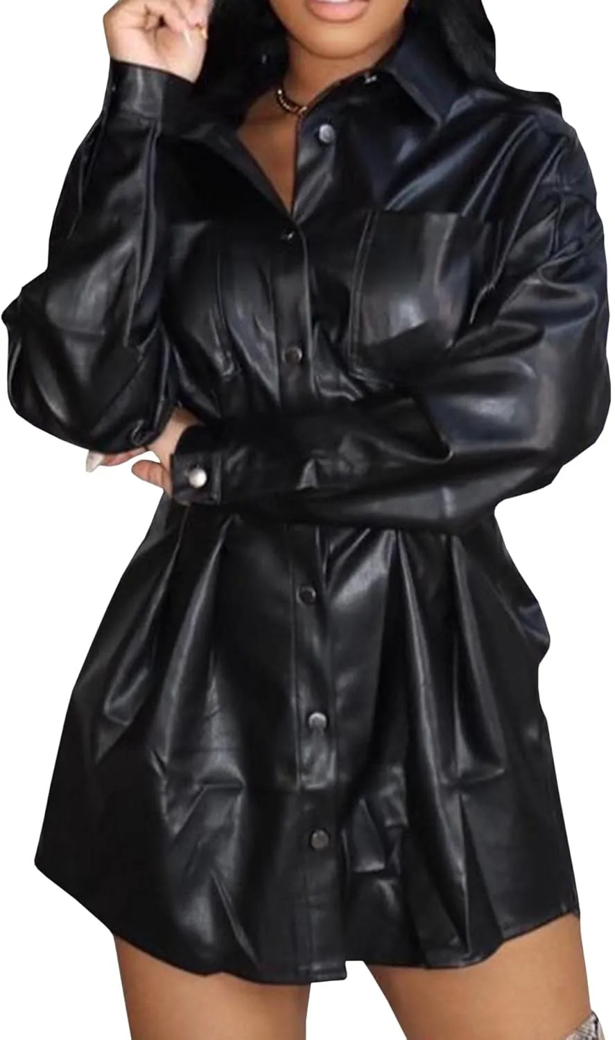 Sexyshine Women's Faux Leather Mini Dress Lapel Button Down Long Sleeve Pleated Blouse Shirt Tunics PU Leather Shacket Jacket