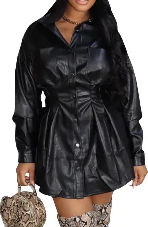 Sexyshine Women's Faux Leather Mini Dress Lapel Button Down Long Sleeve Pleated Blouse Shirt Tunics PU Leather Shacket Jacket