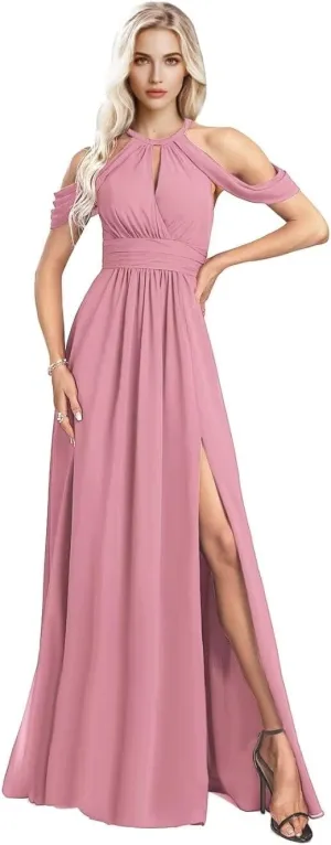 SHANDUAO Chiffon Cold Shoulder Bridesmaid Dress with Pockets A Line Formal Evening Gown with Slit