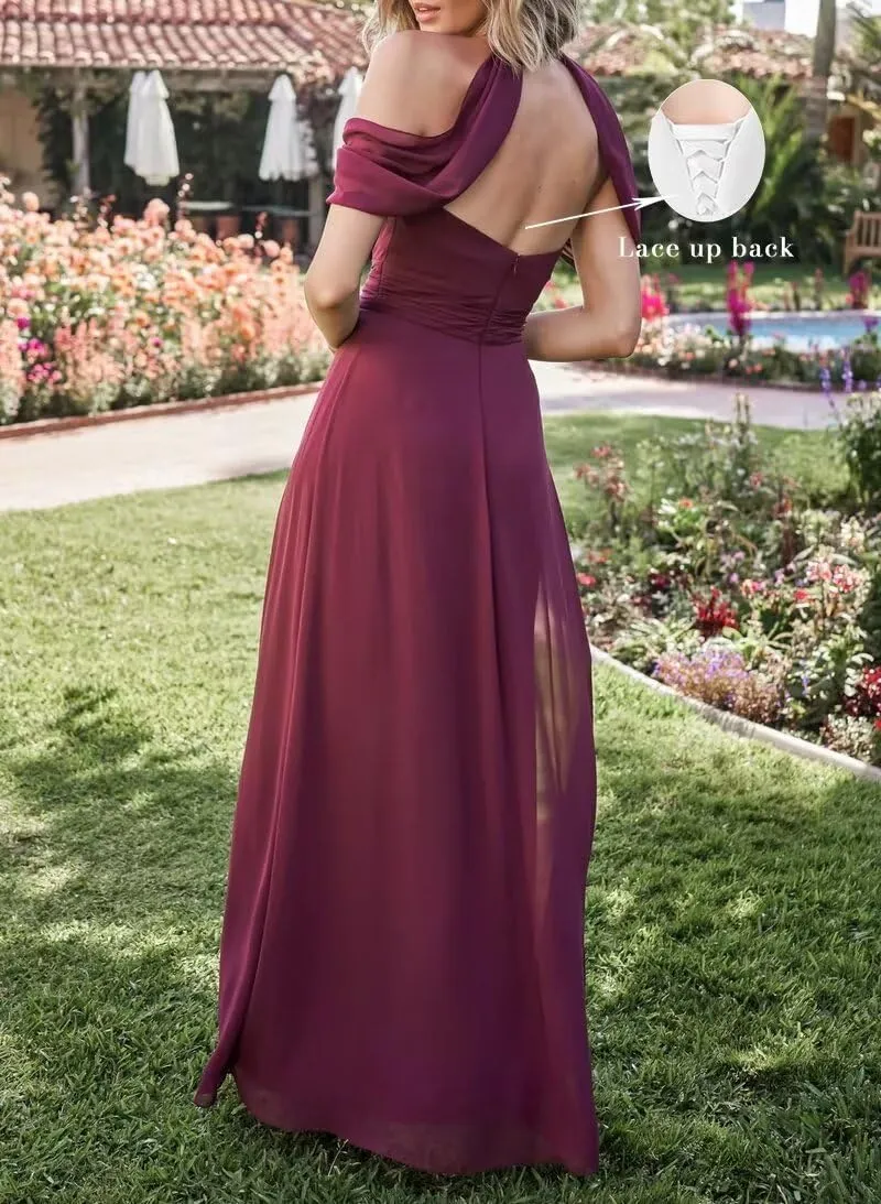 SHANDUAO Chiffon Cold Shoulder Bridesmaid Dress with Pockets A Line Formal Evening Gown with Slit