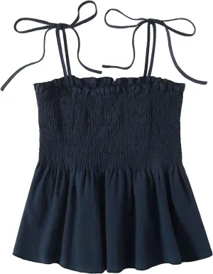 SHENHE Women's Tie Shoulder Shirred Ruffle Hem Spaghetti Strap Cute Camisole Peplum Top
