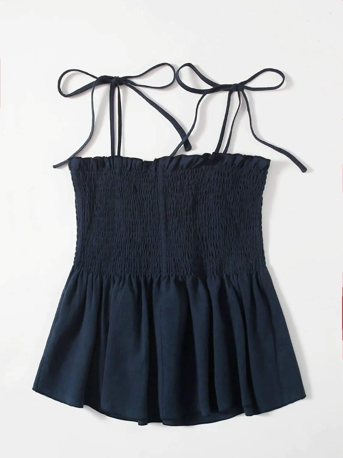 SHENHE Women's Tie Shoulder Shirred Ruffle Hem Spaghetti Strap Cute Camisole Peplum Top