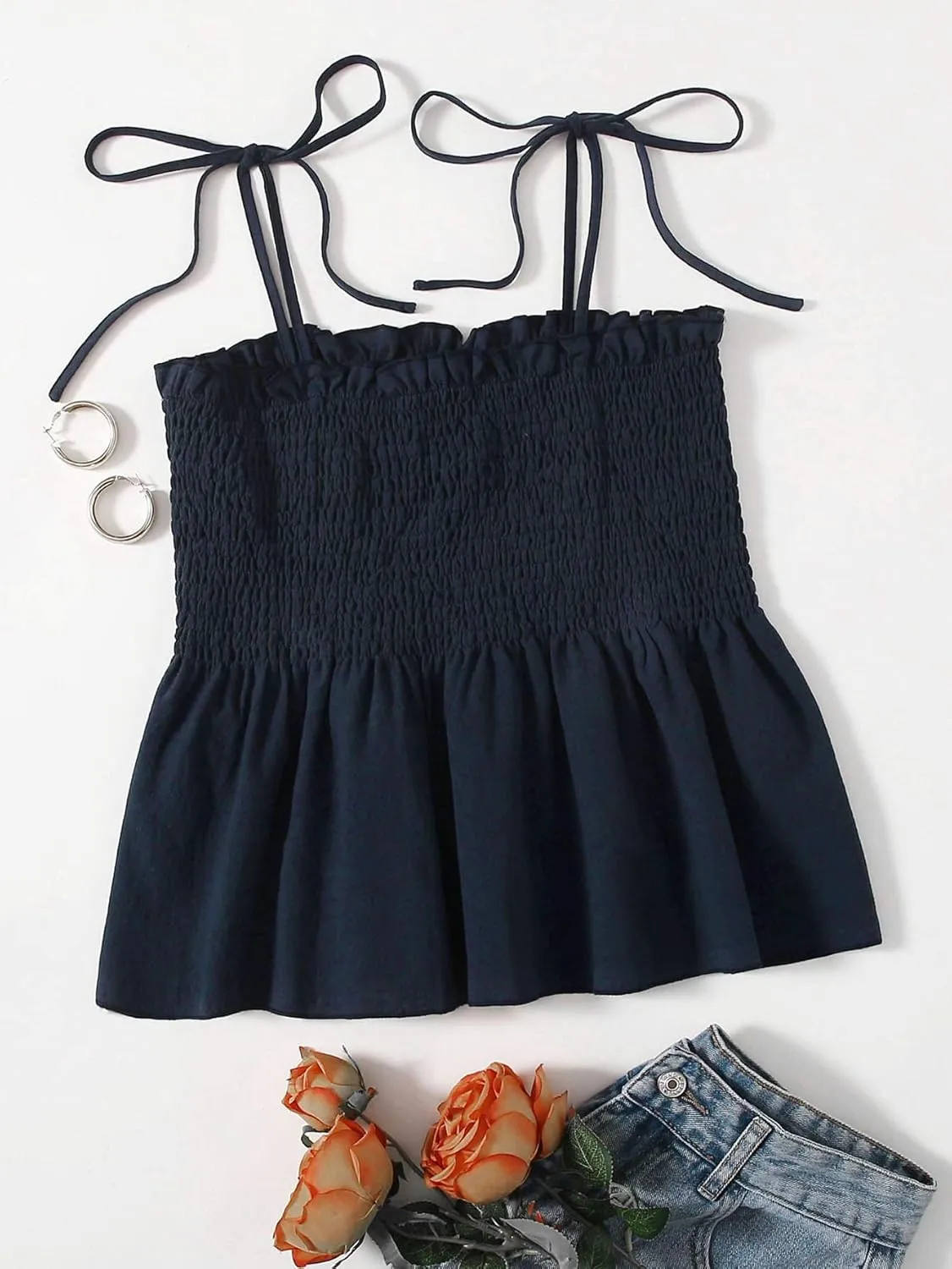 SHENHE Women's Tie Shoulder Shirred Ruffle Hem Spaghetti Strap Cute Camisole Peplum Top