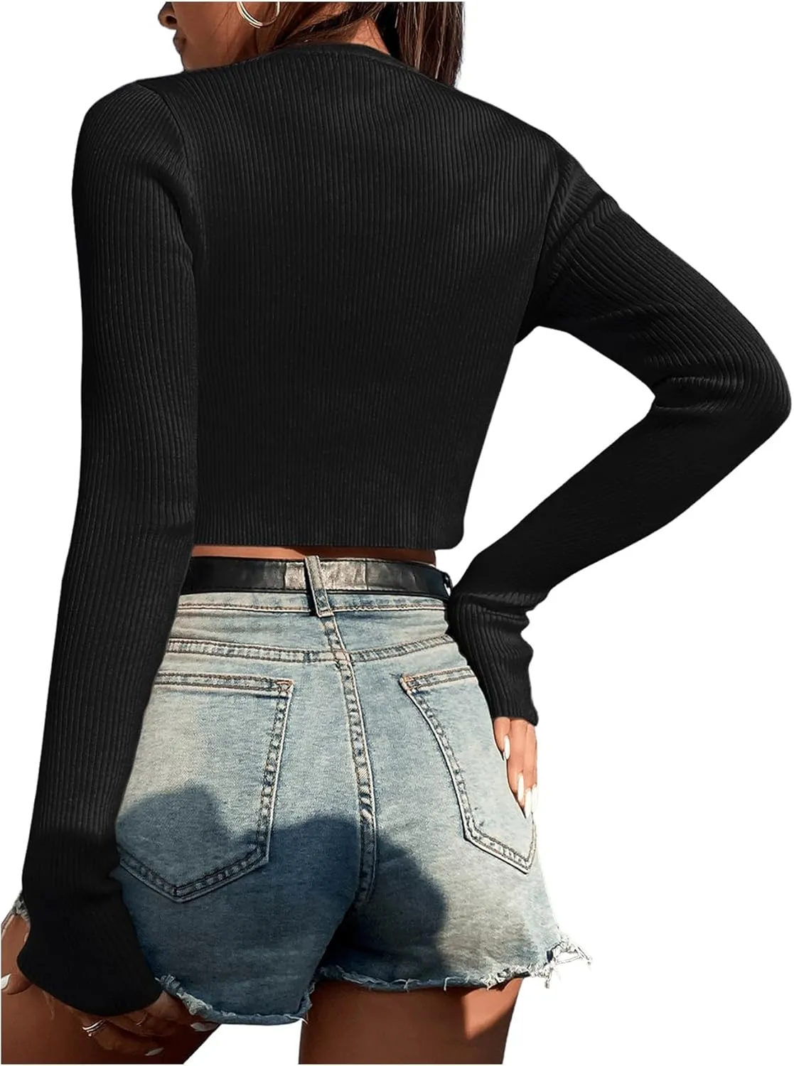 SHENHE Women's V Neck Ribbed Knit Tie Front Cropped Plain Long Sleeve Cardigan Outwear