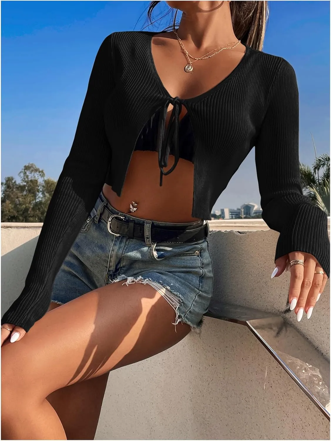 SHENHE Women's V Neck Ribbed Knit Tie Front Cropped Plain Long Sleeve Cardigan Outwear