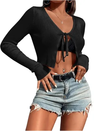 SHENHE Women's V Neck Ribbed Knit Tie Front Cropped Plain Long Sleeve Cardigan Outwear