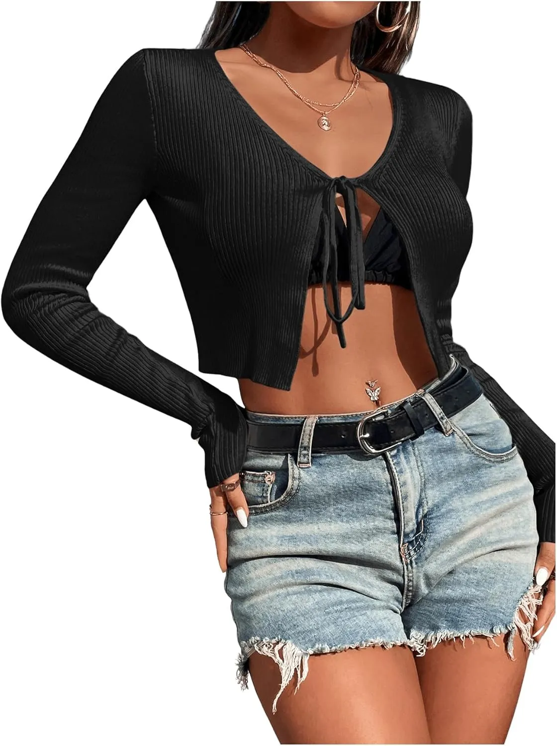 SHENHE Women's V Neck Ribbed Knit Tie Front Cropped Plain Long Sleeve Cardigan Outwear