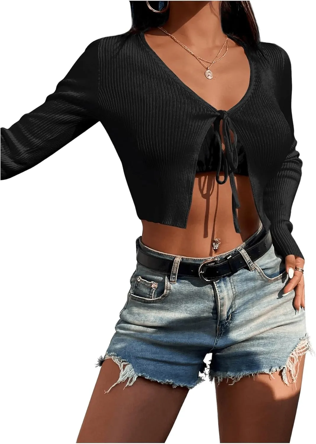 SHENHE Women's V Neck Ribbed Knit Tie Front Cropped Plain Long Sleeve Cardigan Outwear