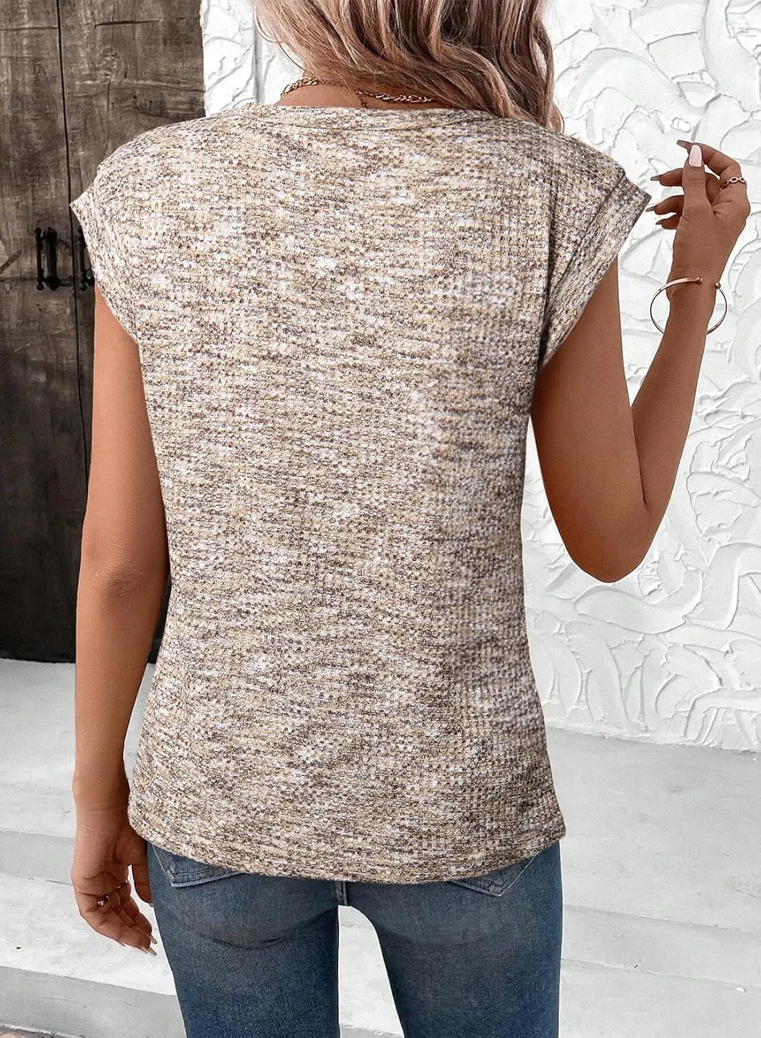 SHEWIN Summer Tops for Women Casual Crew Neck Waffle Knit Cap Sleeve Shirts Loose Fit Blouses Top