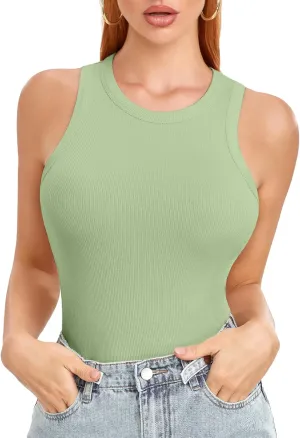 SIMIYA Tank Tops for Women Ribbed Sleeveless Racerback Summer Basic Cami Top Shirt Round High Neck Slim Fitted Blouses