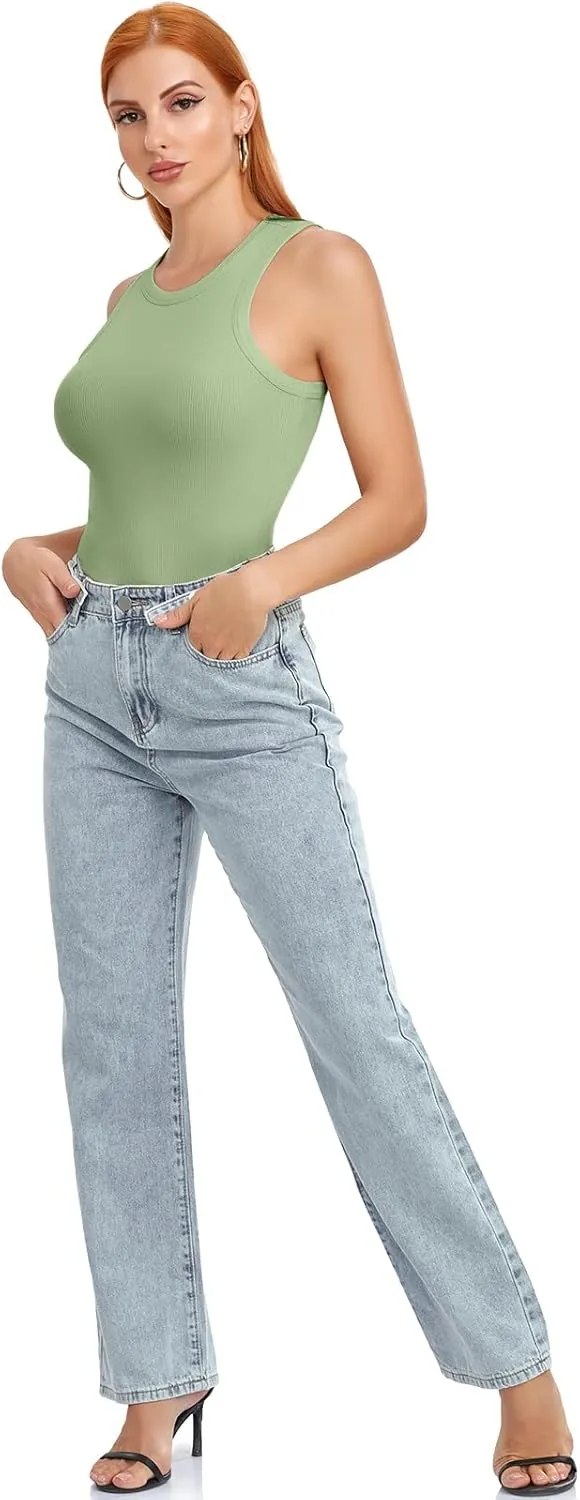 SIMIYA Tank Tops for Women Ribbed Sleeveless Racerback Summer Basic Cami Top Shirt Round High Neck Slim Fitted Blouses