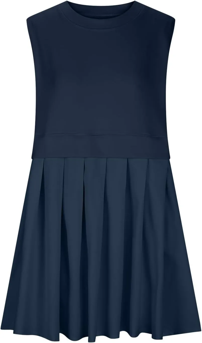 Sleeveless Dresses for Women Casual Summer Pleated Tank Dress Ruffle Flowy Mini Dress Solid Crewneck Pleated Dress
