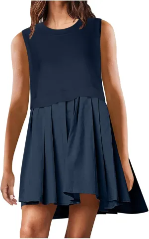 Sleeveless Dresses for Women Casual Summer Pleated Tank Dress Ruffle Flowy Mini Dress Solid Crewneck Pleated Dress