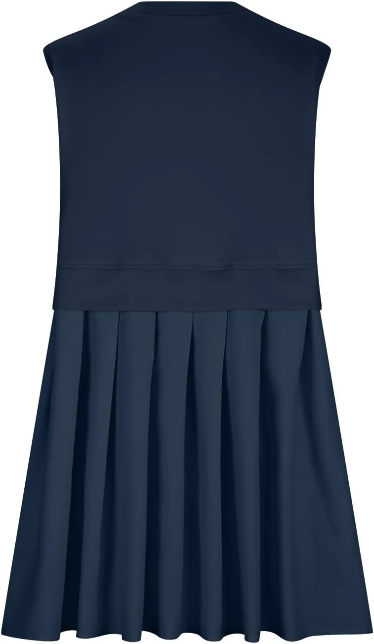 Sleeveless Dresses for Women Casual Summer Pleated Tank Dress Ruffle Flowy Mini Dress Solid Crewneck Pleated Dress