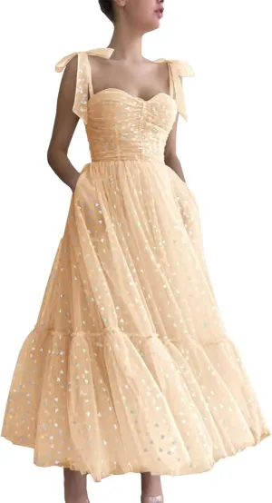 SoDigne Hearty Tulle Prom Dresses Tea Length Spaghetti Straps Formal Evening Party Gowns for Women