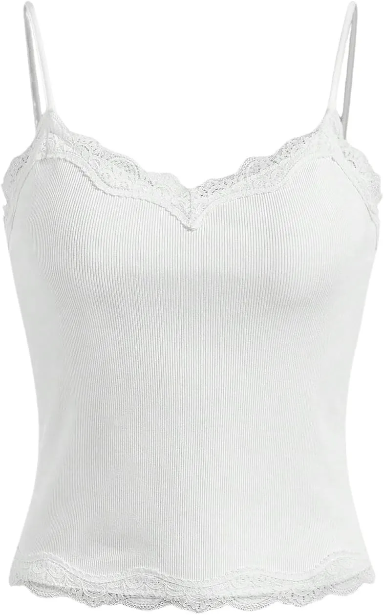 SOLY HUX Girl's Sleeveless Lace Trim Camisoles Spaghetti Strap Ribbed Crop Tank Tops