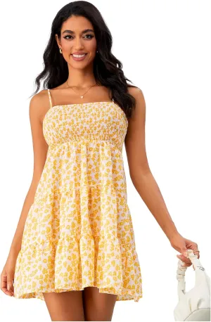 SOLY HUX Women's Summer Sleeveless Mini Dress Floral Sundress Smocked Boho Beach Cami Short Dresses