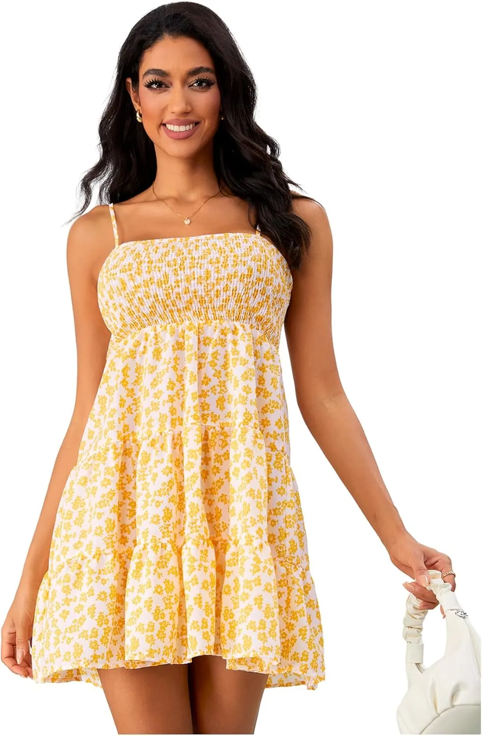 SOLY HUX Women's Summer Sleeveless Mini Dress Floral Sundress Smocked Boho Beach Cami Short Dresses