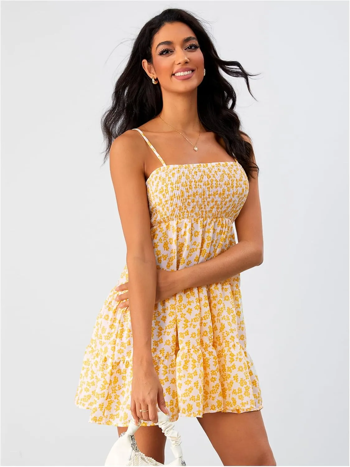 SOLY HUX Women's Summer Sleeveless Mini Dress Floral Sundress Smocked Boho Beach Cami Short Dresses