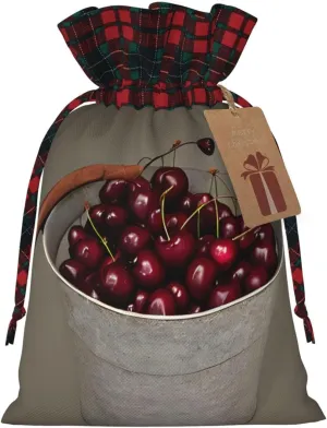 SSIMOO Bucket With Full Of Cherries Linen Drawstring Gift Bagelegant Fabric Gift Bag For Festivals And Special Occasions
