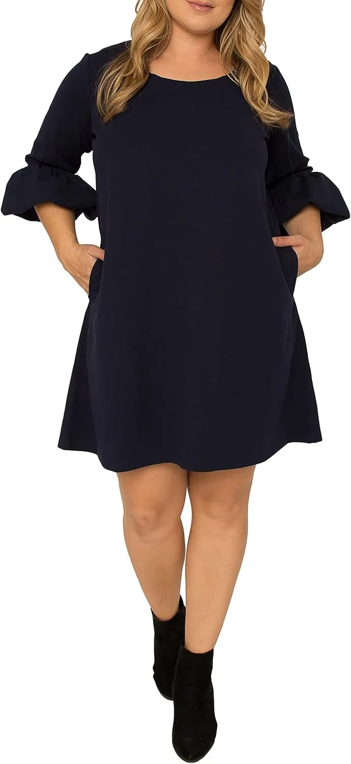 Standards & Practices Women's Plus Size Brick Red Crepe Knit 3/4 Balloon Sleeves Midi Shift Dress
