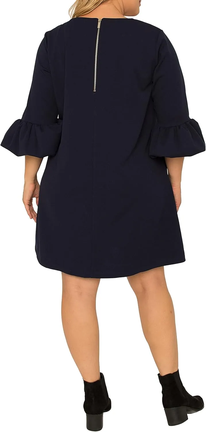 Standards & Practices Women's Plus Size Brick Red Crepe Knit 3/4 Balloon Sleeves Midi Shift Dress