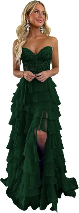 Strapless Prom Dresses 2025 for Women Lace Tiered Chiffon Long Formal Evening Gown with Slit