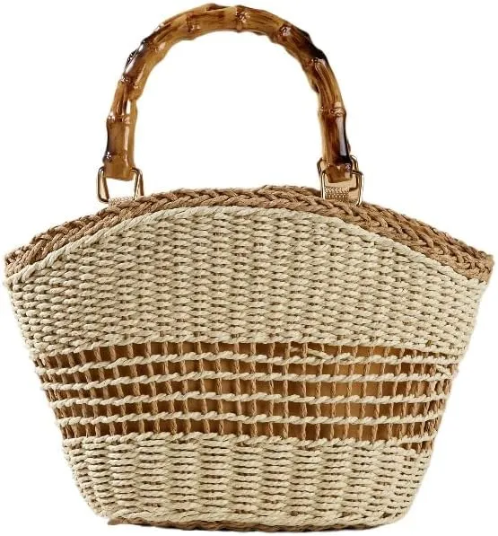 Straw Beach Bags for Women Boho Rattan Woven Bucket Large Handbags Summer Trendy Top Handle Handmade Tote Bag