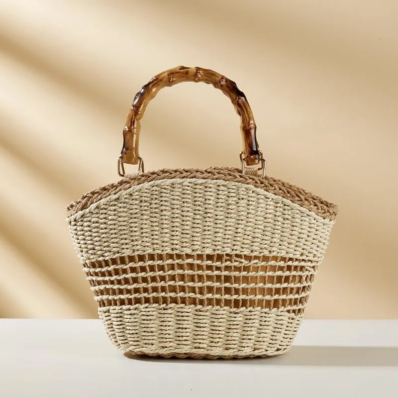 Straw Beach Bags for Women Boho Rattan Woven Bucket Large Handbags Summer Trendy Top Handle Handmade Tote Bag