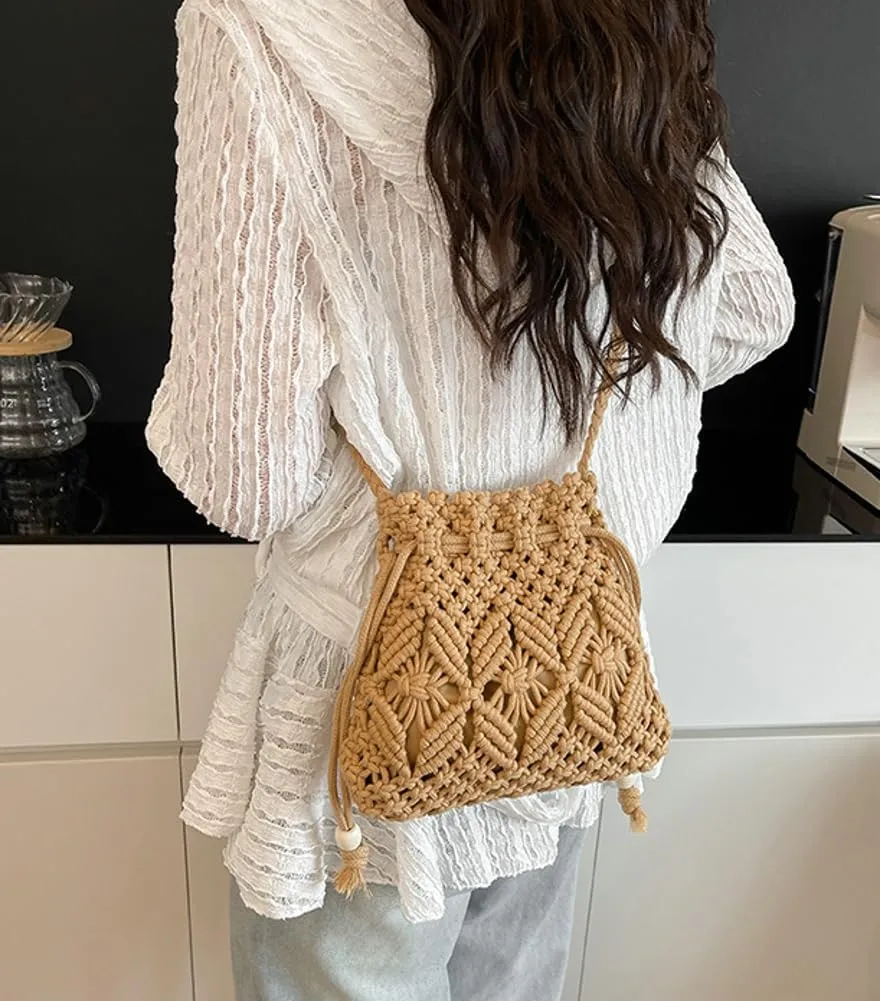 Straw Bucket Bag Summer Woven Crossbody Bags for Women Hobo Drawstring Purse Vacation Handbags Beach Bag