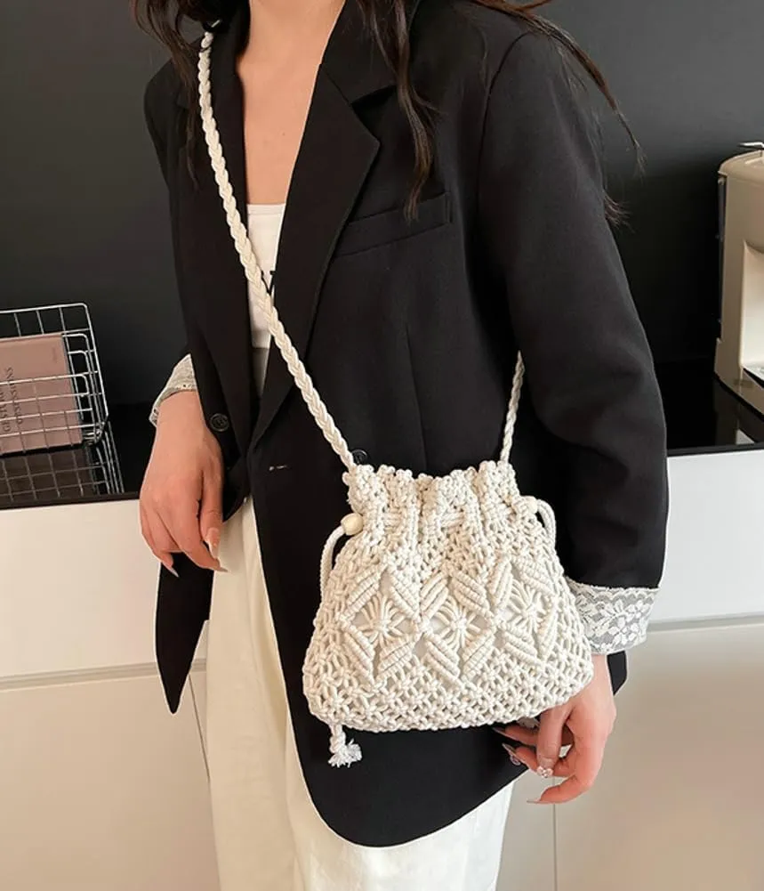 Straw Bucket Bag Summer Woven Crossbody Bags for Women Hobo Drawstring Purse Vacation Handbags Beach Bag