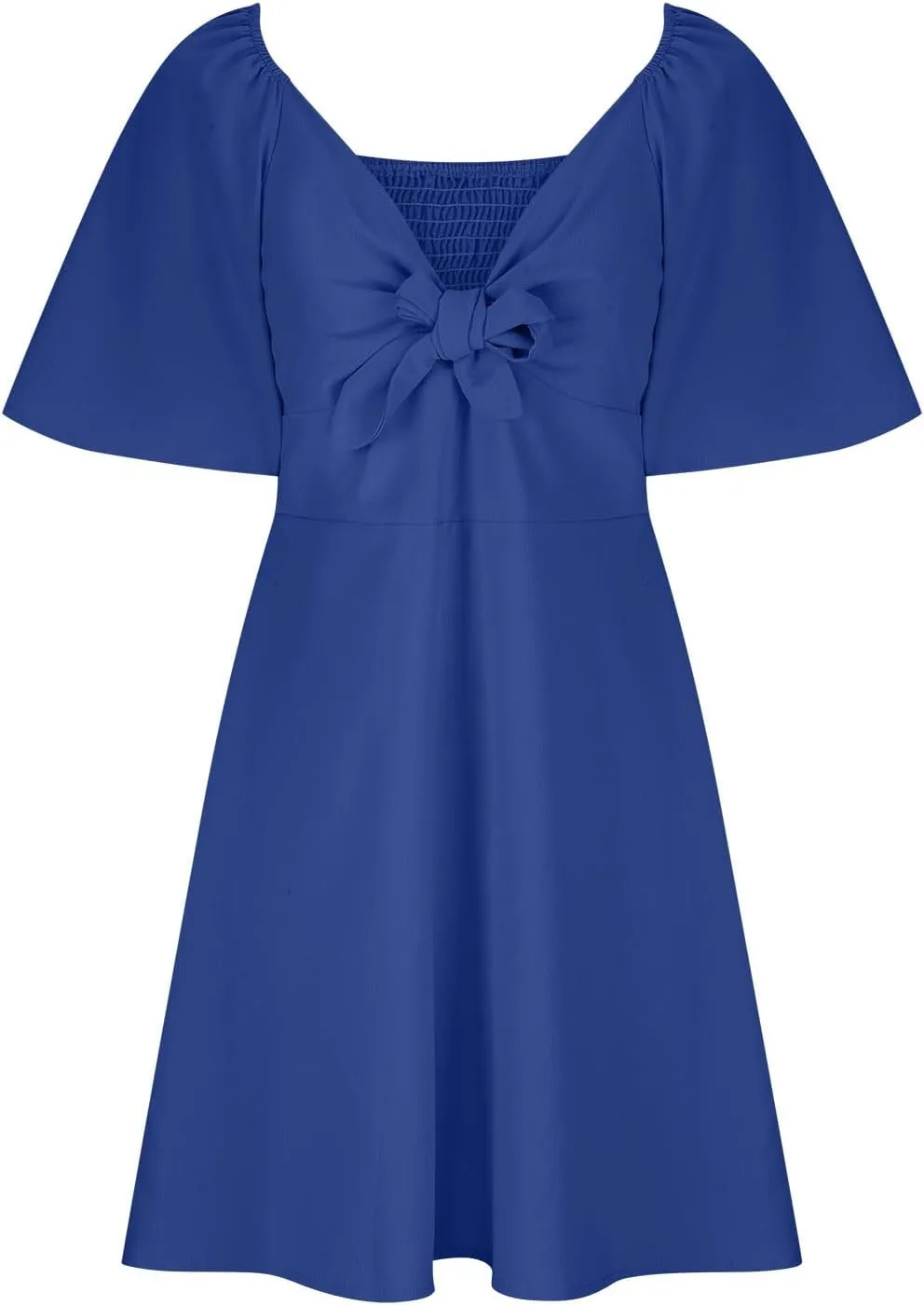 Summer Dress for Women 2024 Casual Short Sleeve Bow Tie V Neck Ruffle Mini Solid Color Flowy Dresses, Large, Black
