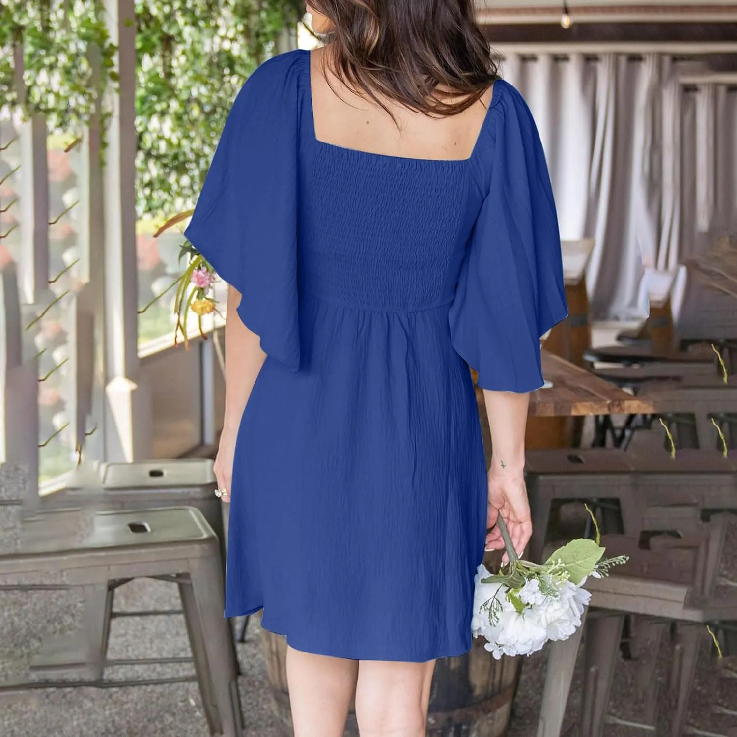 Summer Dress for Women 2024 Casual Short Sleeve Bow Tie V Neck Ruffle Mini Solid Color Flowy Dresses, Large, Black